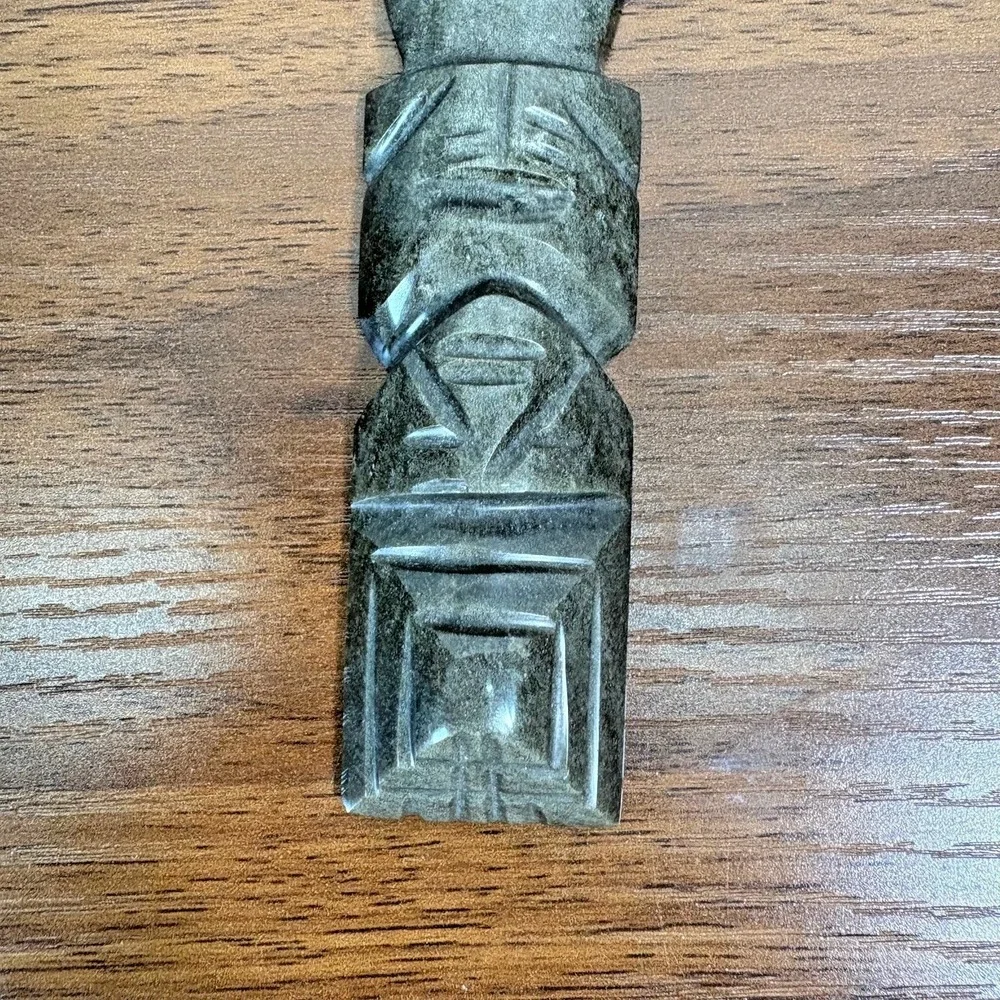 Aztec Obsidian Knife, Green Figural Stone Handle Volcanic Glass 6.5